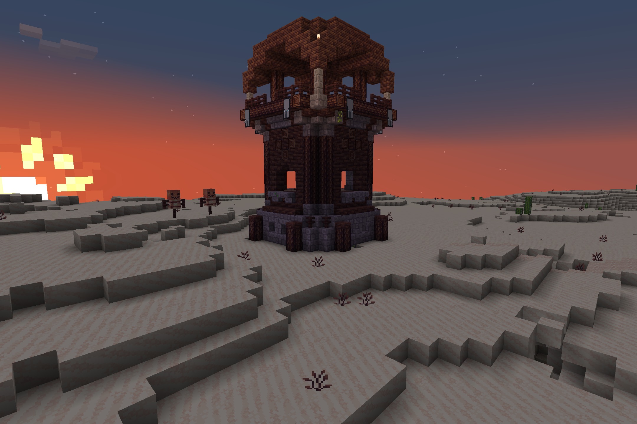Quadral Pack Resource Pack Screenshot 7 A Pillager Outpost with clean textures stands in a desert at sunset