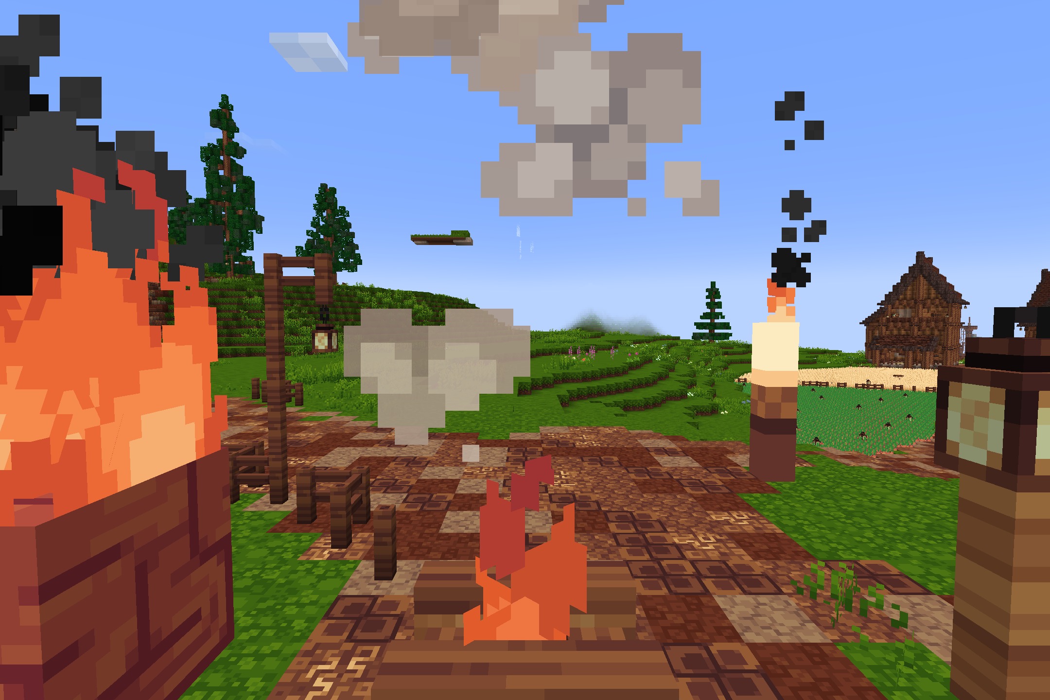 Quadral Pack Resource Pack Screenshot 8 Heart shaped smoke rises from a campfire in a bright and colorful village