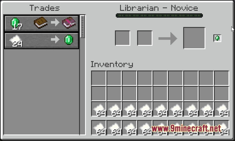 Quality of Queso Mod Screenshot 2 Trading paper for emeralds with a librarian villager using bulk trade buttons