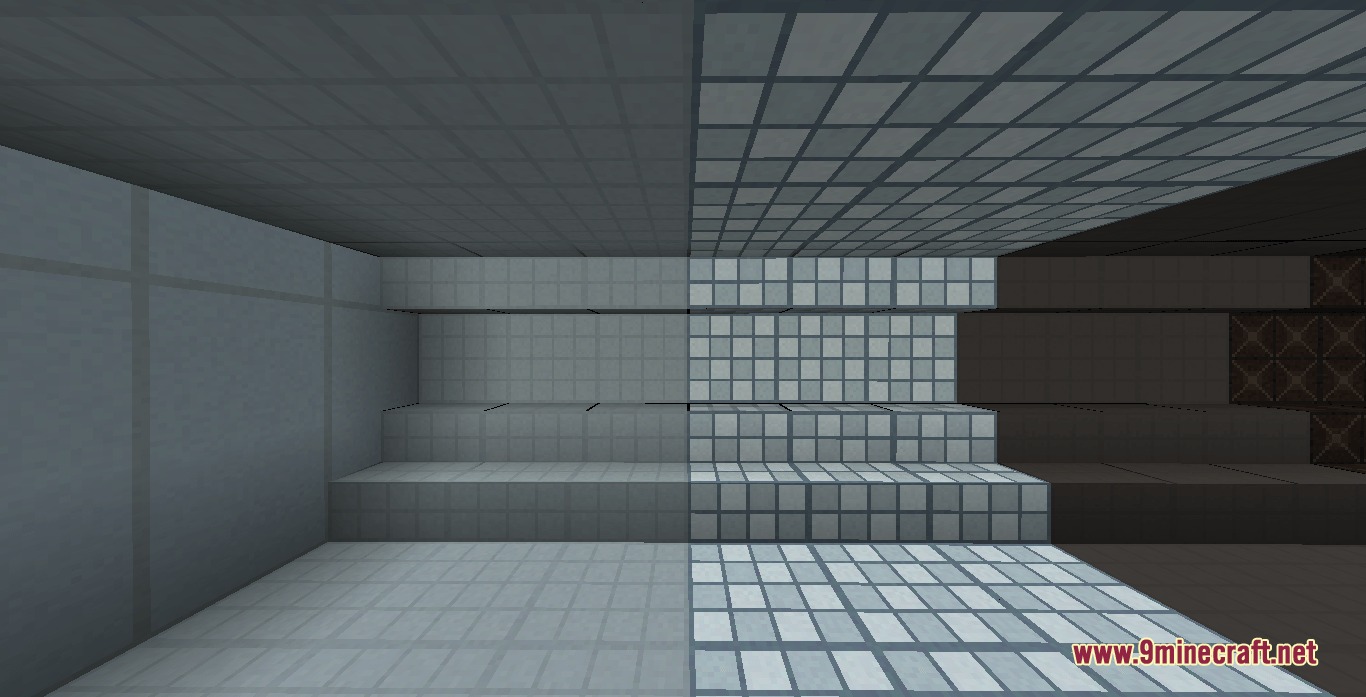 Quantum Bridge Initiative Mod Screenshot 1 A comparison of clean white panels and textured grey blocks in a room
