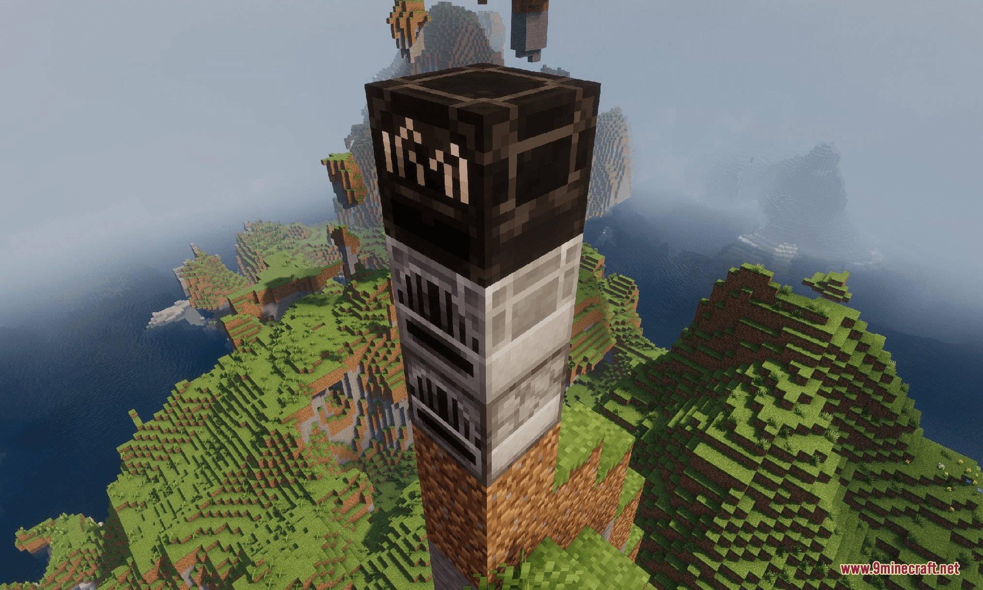 Various technical generators and utility blocks stacked on a dirt pillar in Minecraft