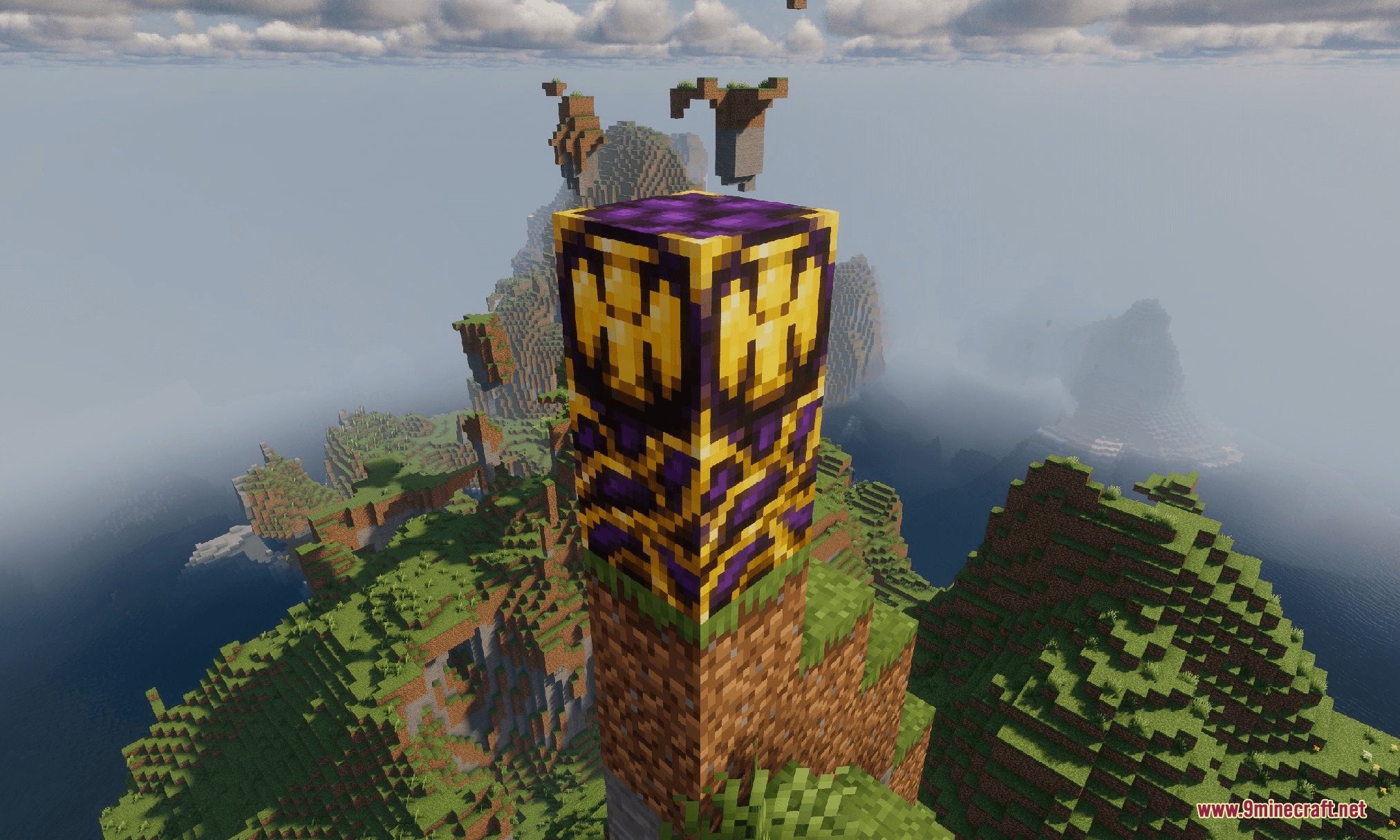 A custom utility block placed on a dirt pillar in the sky