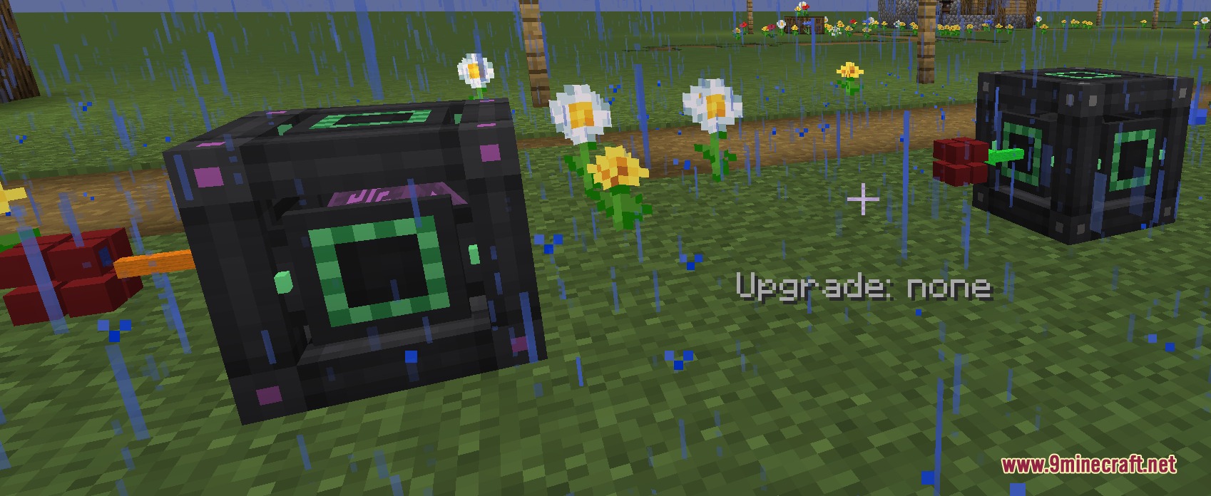 Quick Link Wireless Logistics Mod Screenshot 2 Quick Link Wireless Logistics blocks transferring items in a rainy Minecraft field