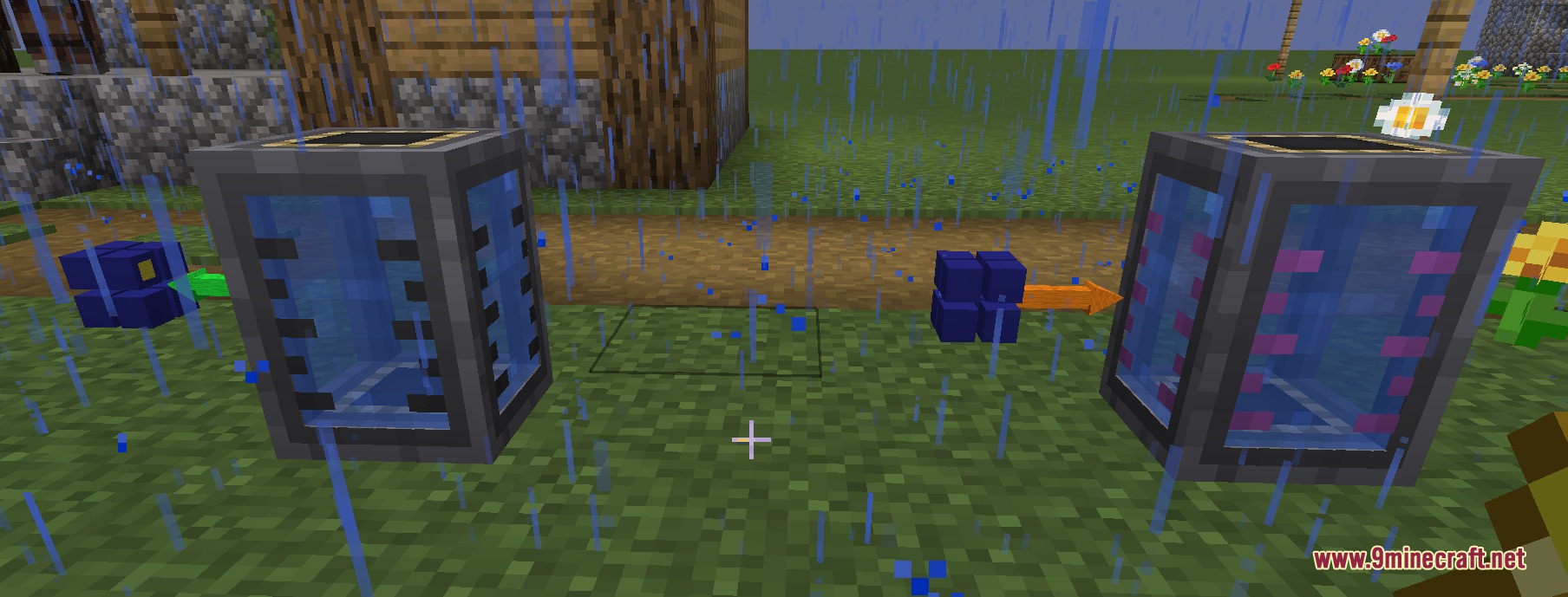 Quick Link Wireless Logistics Mod Screenshot 4 Wireless blocks with arrows transferring fluids between two glass tanks in rain