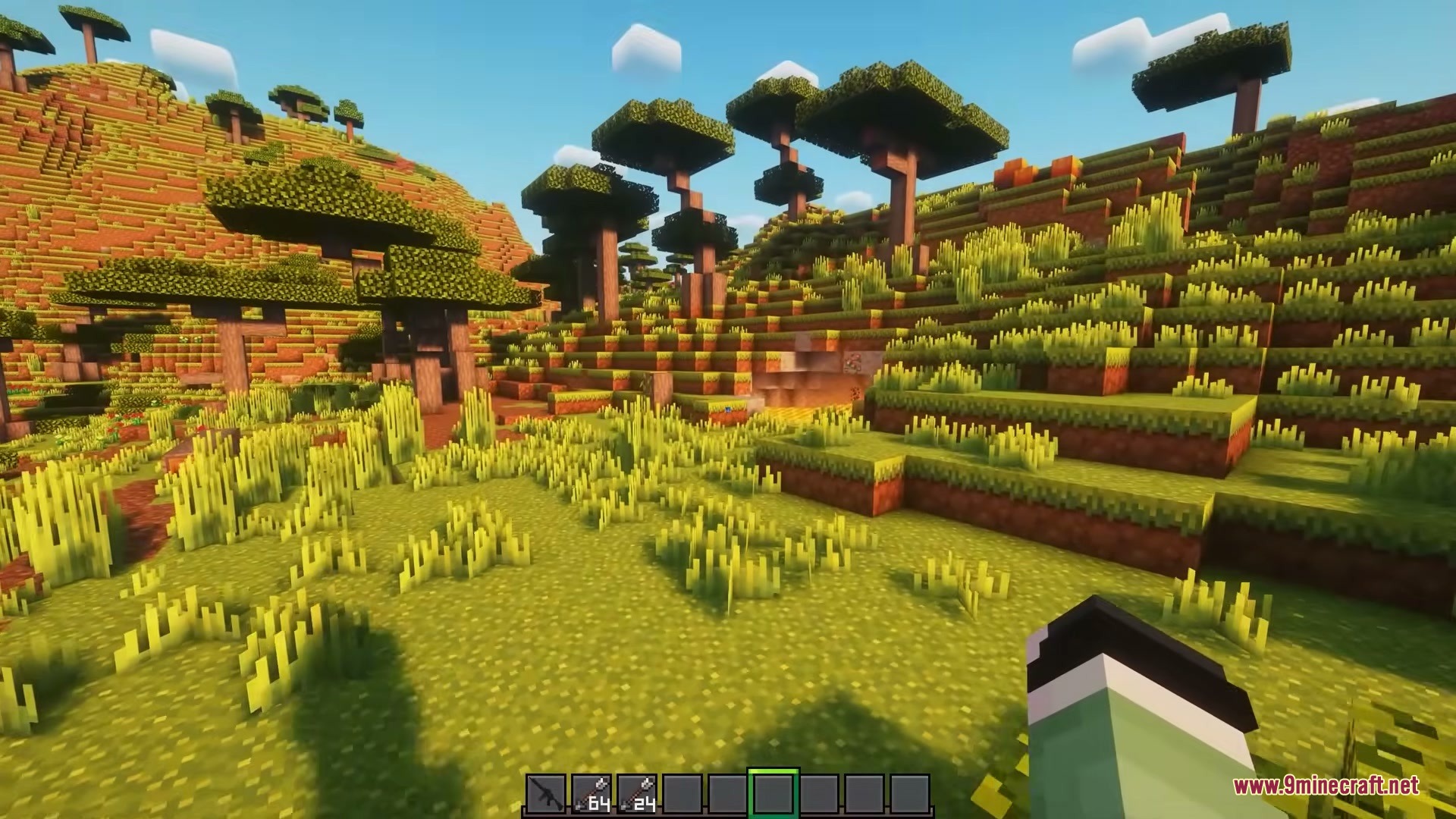 Quick Resource Pack Mod Screenshot 1 Savanna landscape with acacia trees and green grass under a bright sky