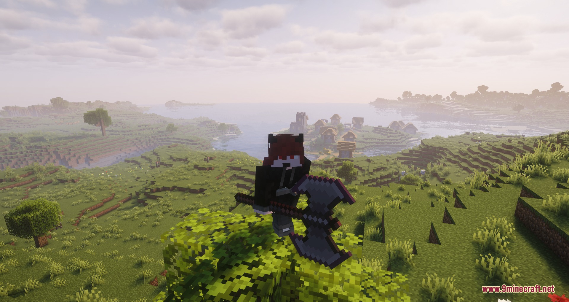 RPG Adventurer Mod Screenshot 1 A player character holding a massive battle axe overlooking a scenic village