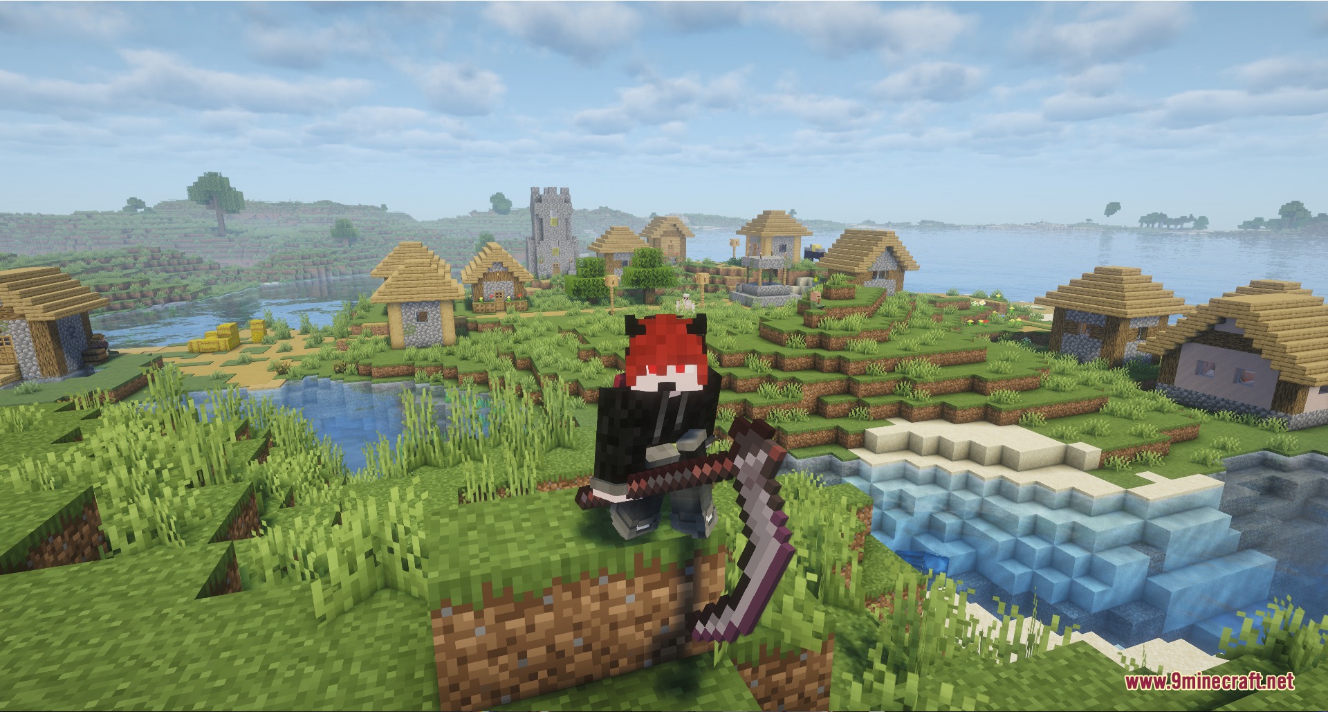 RPG Adventurer Mod Screenshot 2 Character wielding a unique scythe weapon in front of a small village