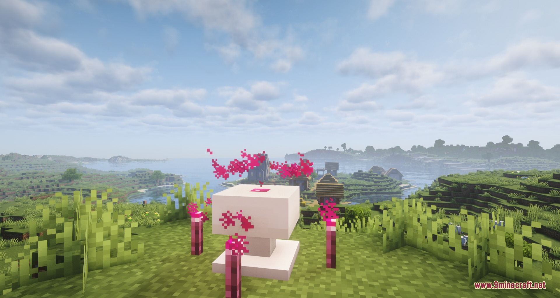 RPG Adventurer Mod Screenshot 4 Mana Well block surrounded by glowing pink Magic Blaze Torches in a field