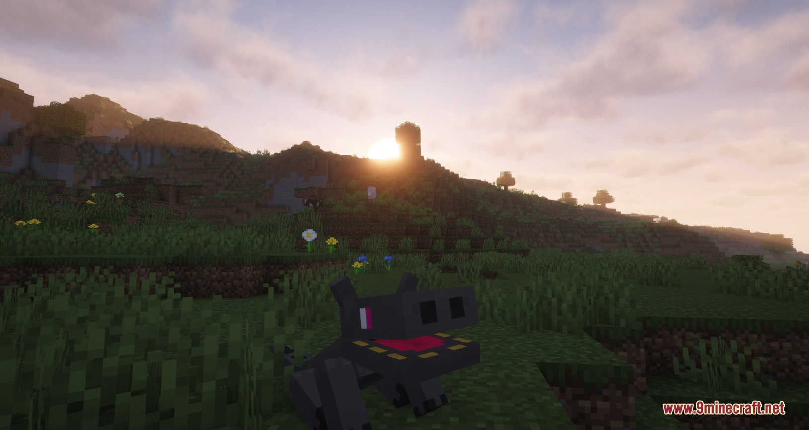RPG Adventurer Mod Screenshot 6 A small black Gluttony creature sits in a grassy field during sunset