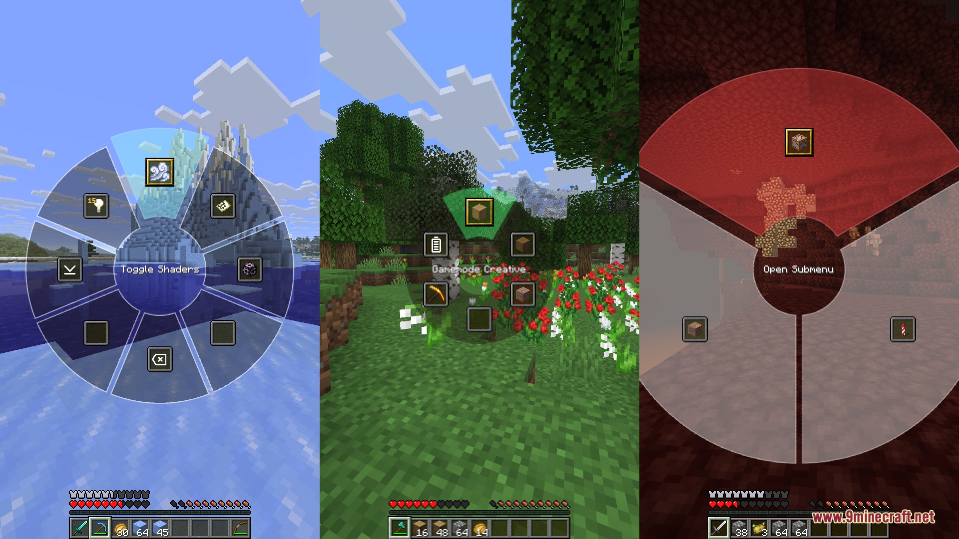 Radial Mod Screenshot 1 Three panels showing the Radial Mod interface with different color themes and icons
