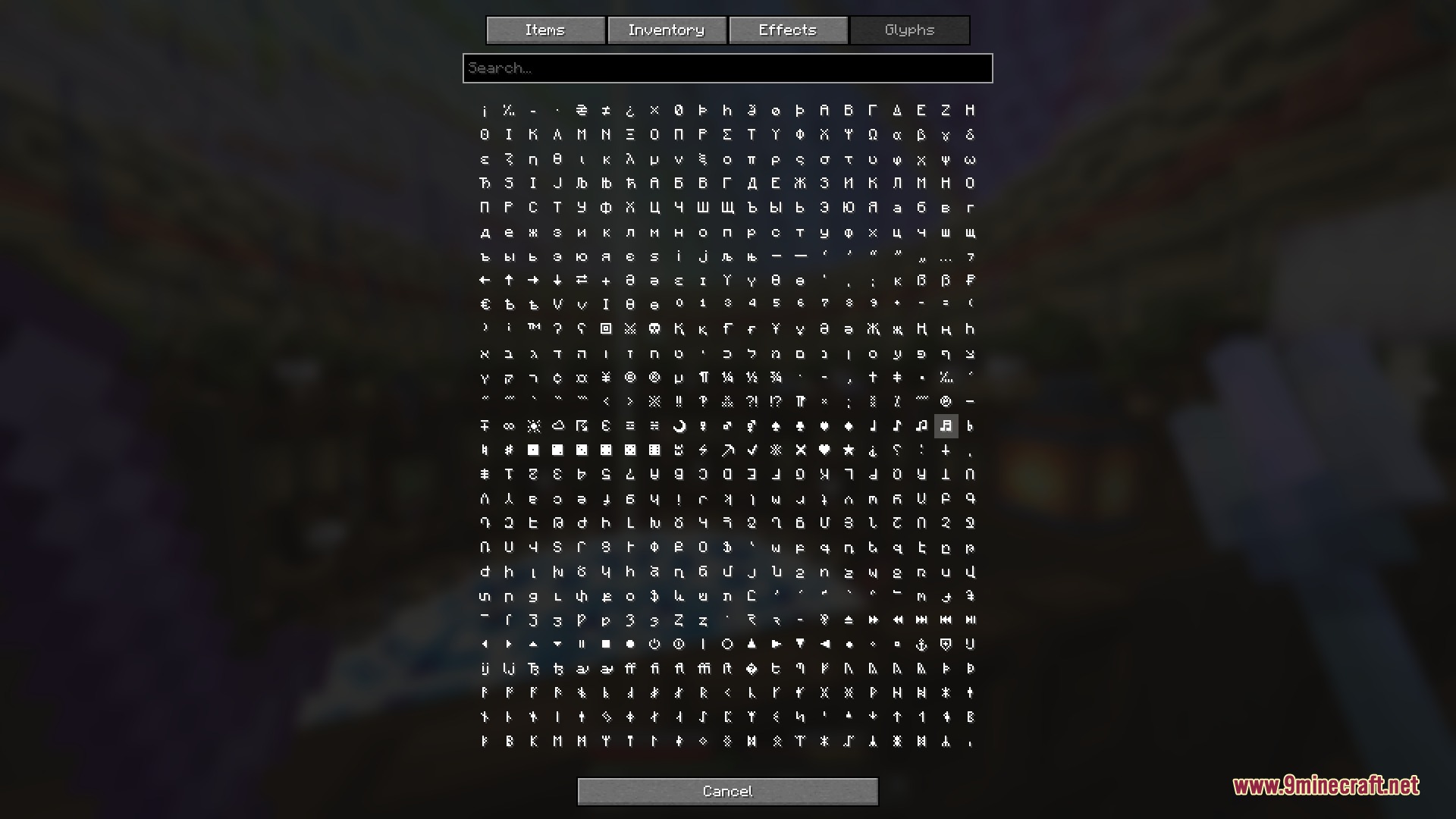Radial Mod Screenshot 7 A large grid of diverse symbols and characters within a Minecraft user interface