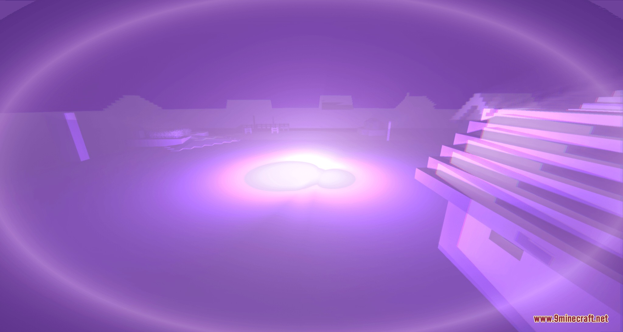 Radiant Arcane Phantasm Mod Screenshot 1 A massive purple explosion of light illuminates a Minecraft village at night