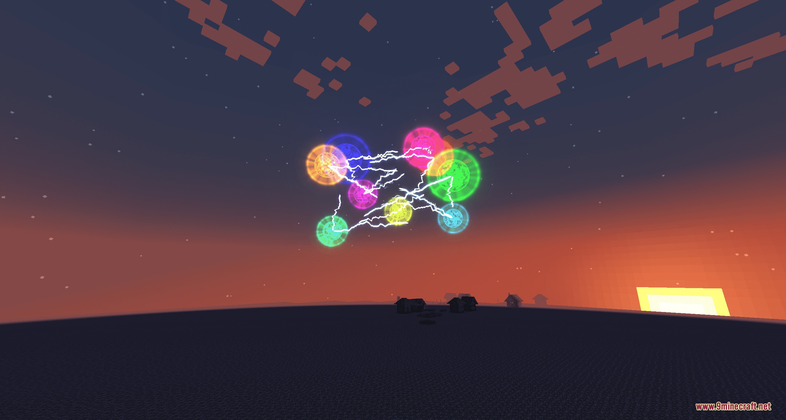 Radiant Arcane Phantasm Mod Screenshot 6 Seven colorful glowing orbs connected by white lightning bolts in the sunset sky