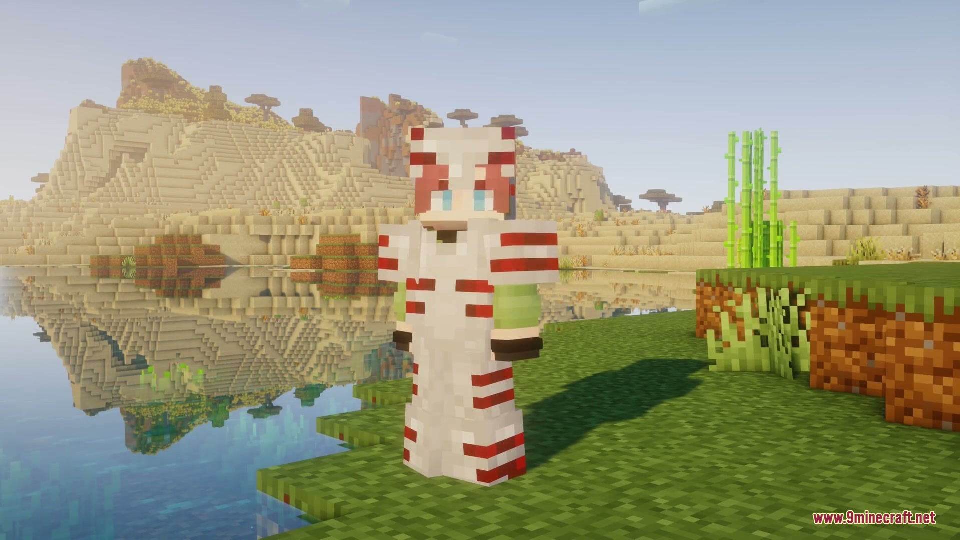 A Minecraft character wearing white armor with glowing red trims stands near water