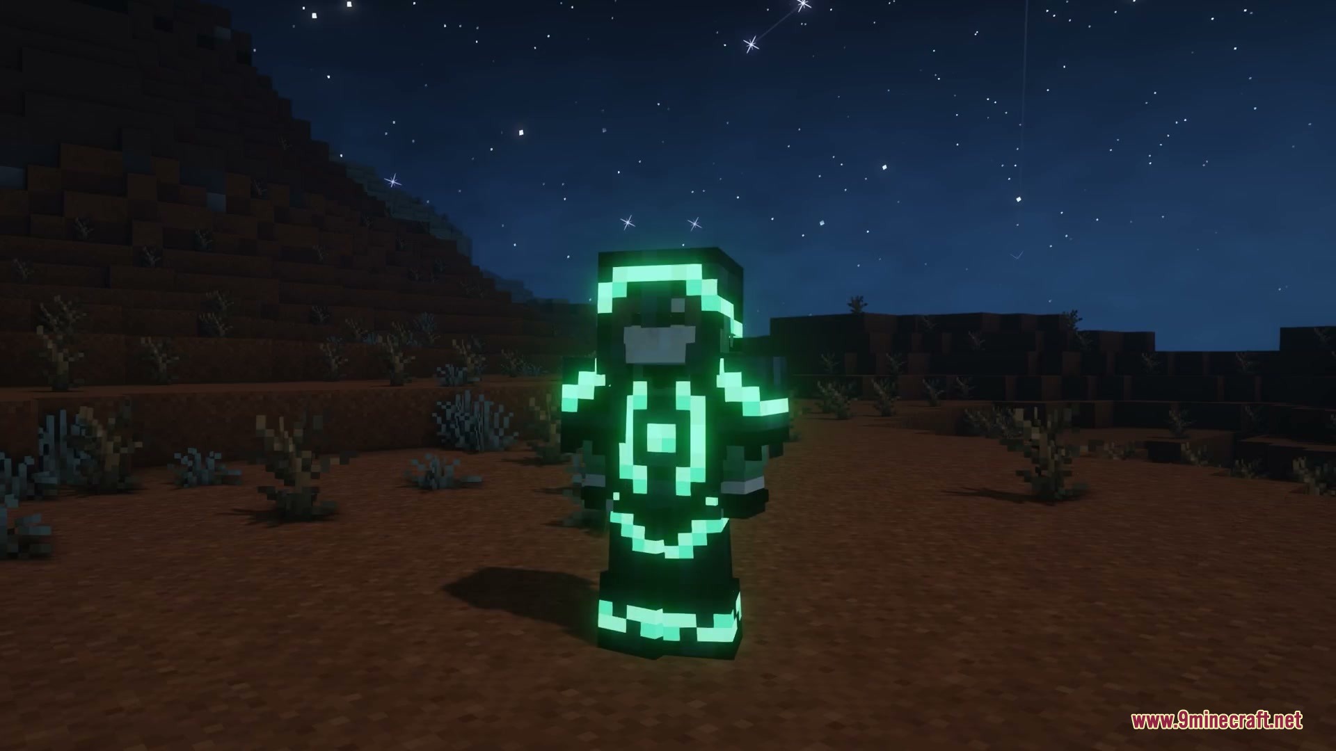 Minecraft character wearing dark armor with glowing cyan trims in a night desert