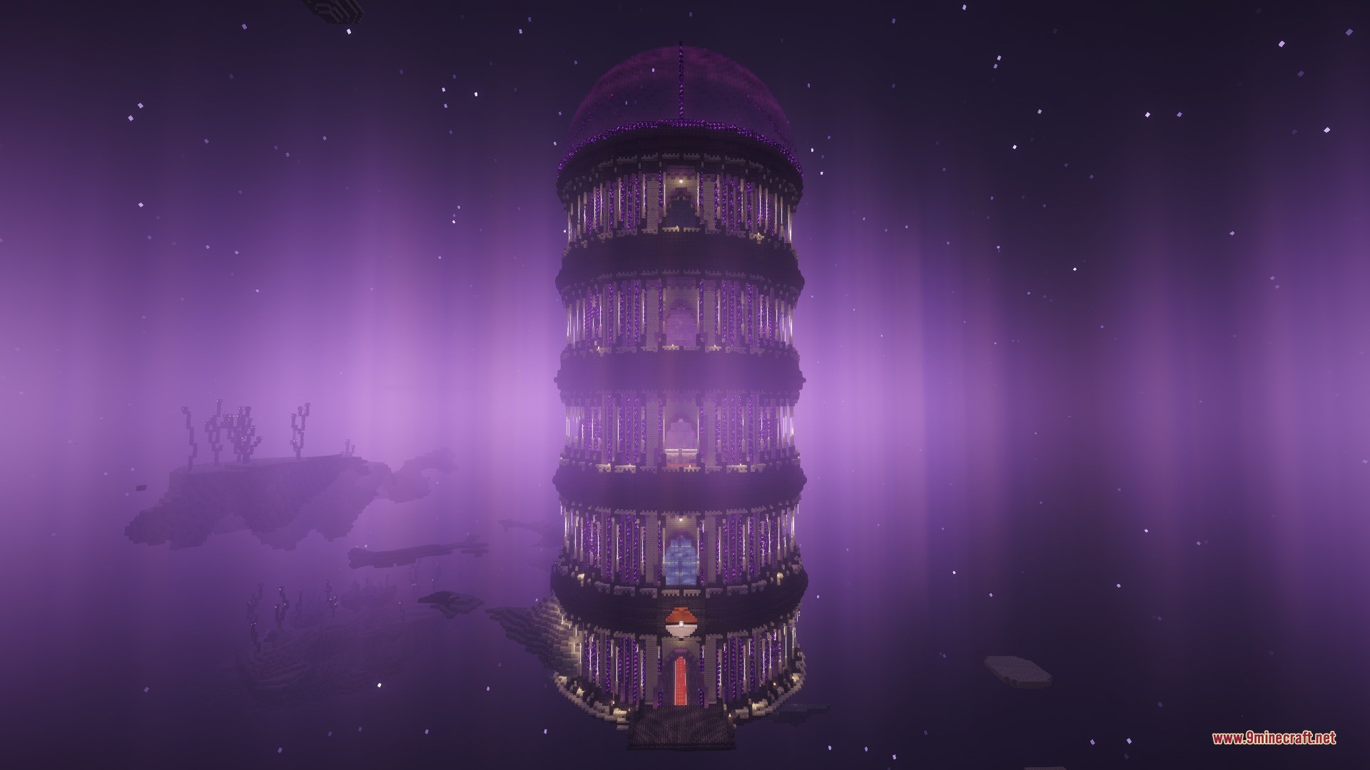 Radical Gyms & Structures Data Pack Screenshot 2 A tall purple tower with a Pokeball icon stands in the End dimension