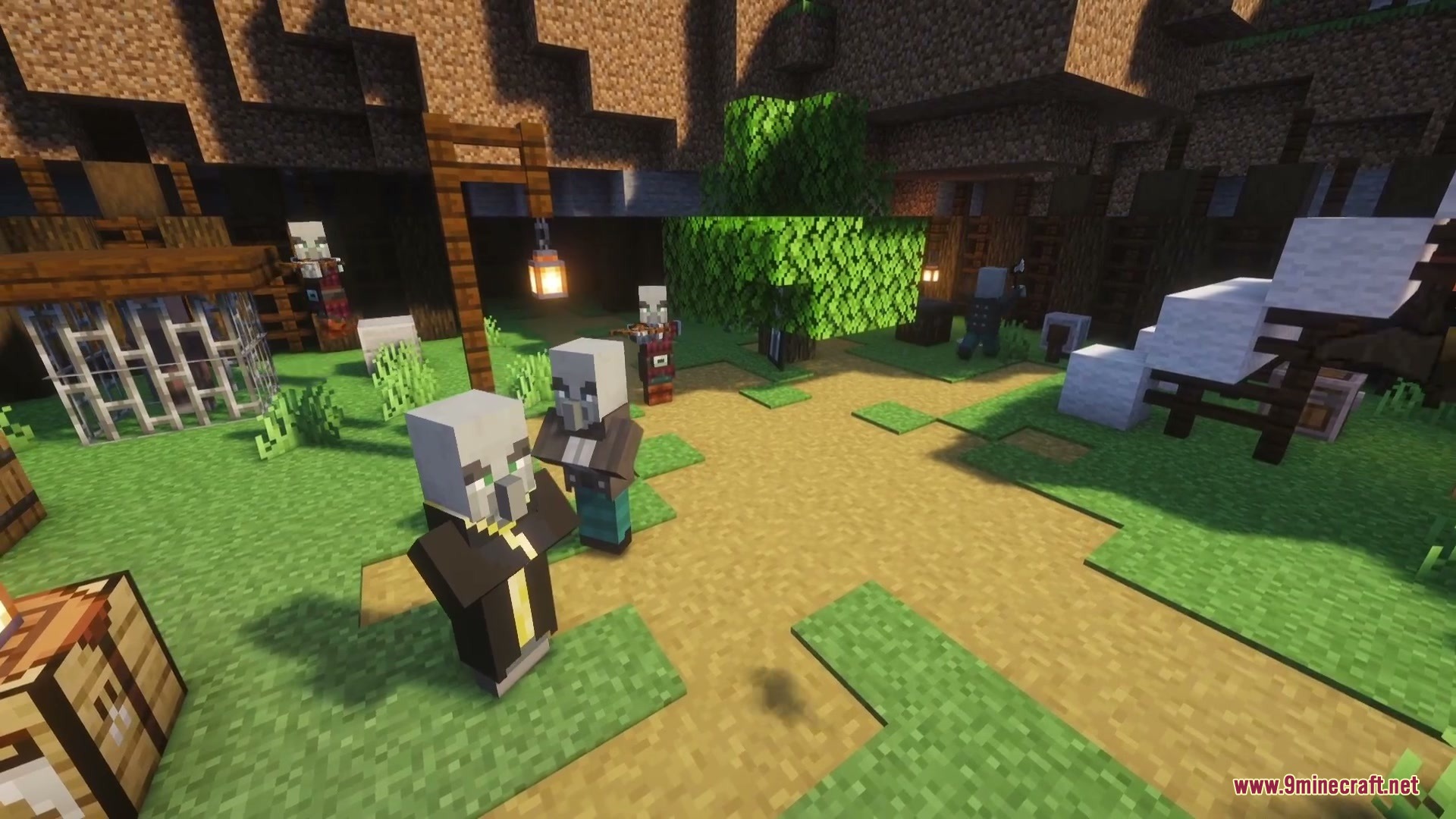 A group of different Illager types gathering in a camp during the day