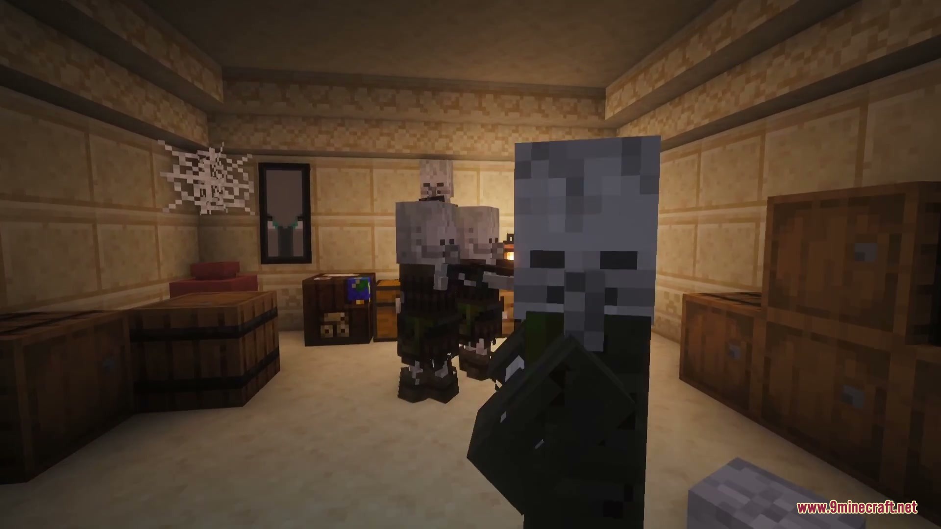 Pillagers gather inside a sandstone room filled with storage crates and maps
