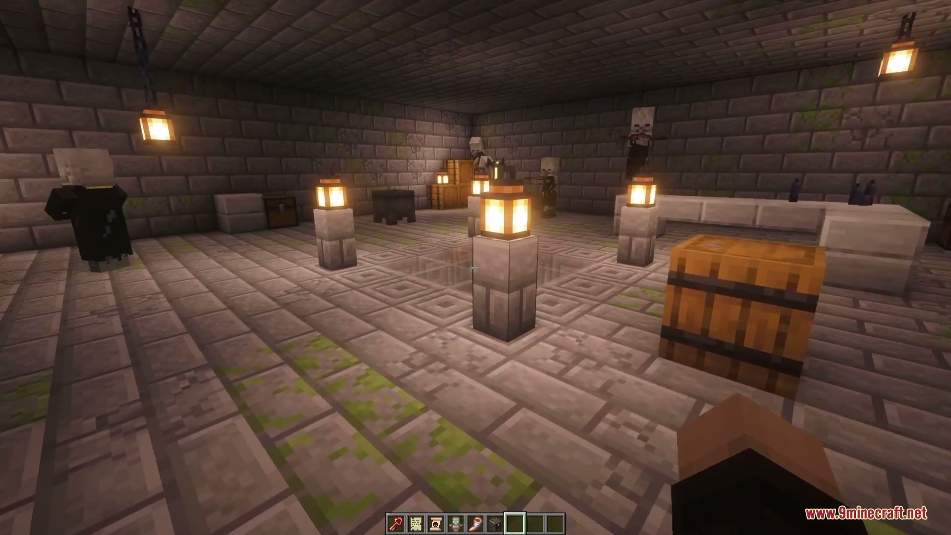 Illagers standing in a secret laboratory filled with lanterns and stone bricks
