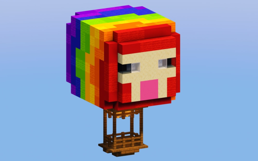 Side view of the vibrant rainbow sheep head hot air balloon build