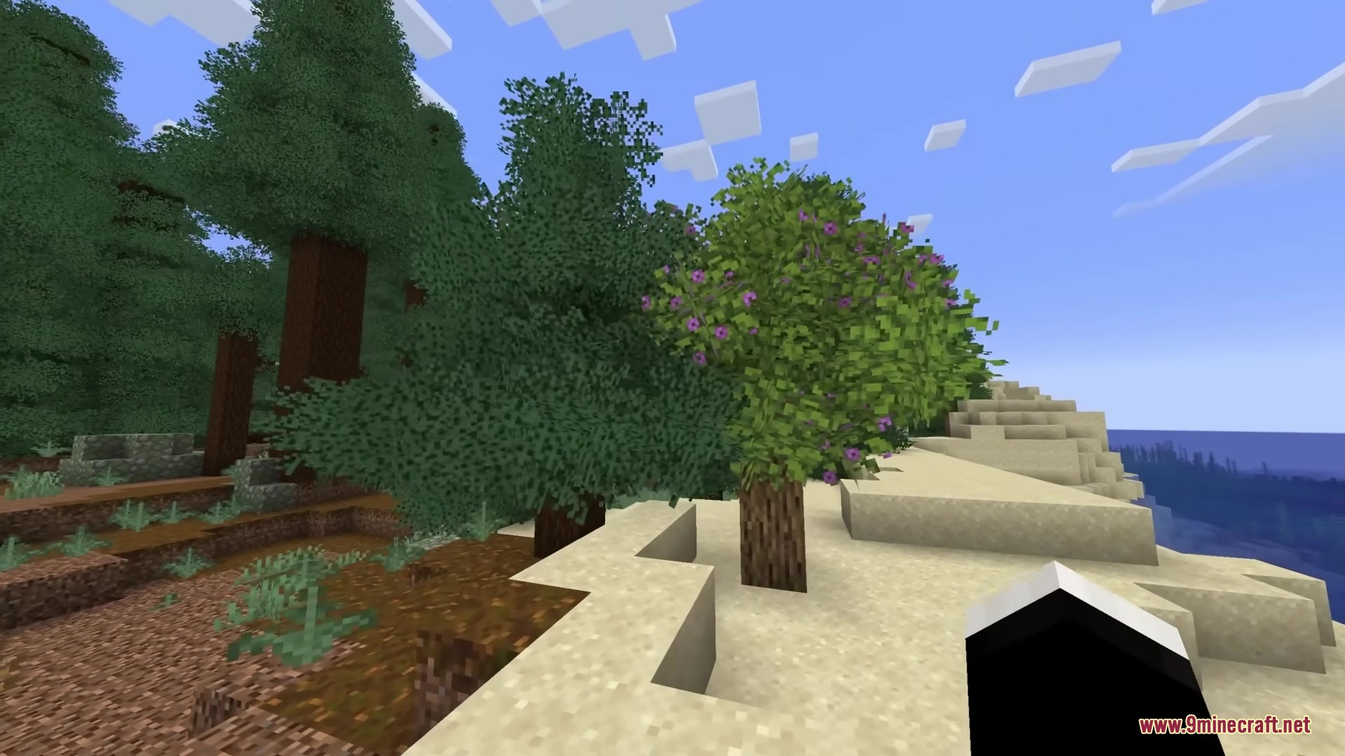 Rainbow's Foliage Polytone Resource Pack Screenshot 1 A flowering tree stands on a sandy beach near a dense green forest