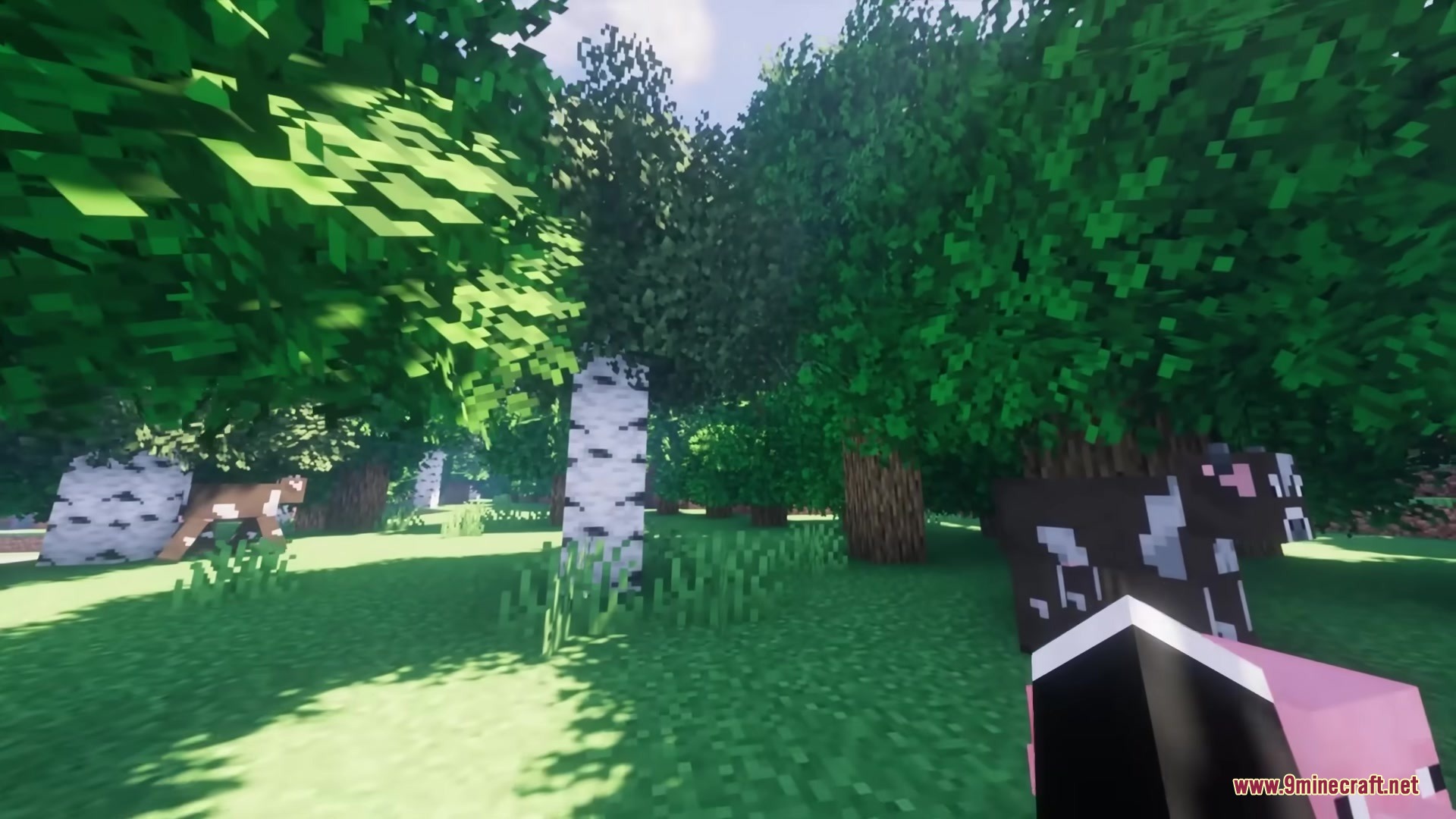 Rainbow's Foliage Polytone Resource Pack Screenshot 4 A cow grazing in a bright forest with bushy leaves and sunny shaders