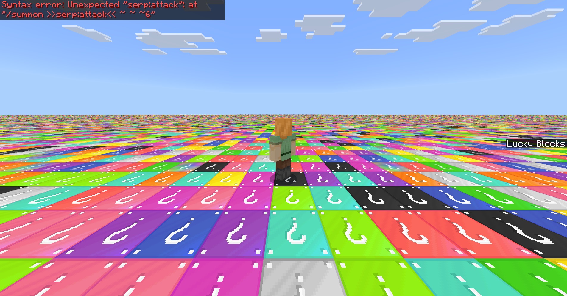 Random Meme Skin Pack Screenshot 1 Player wearing a custom meme skin standing on colorful Lucky Blocks