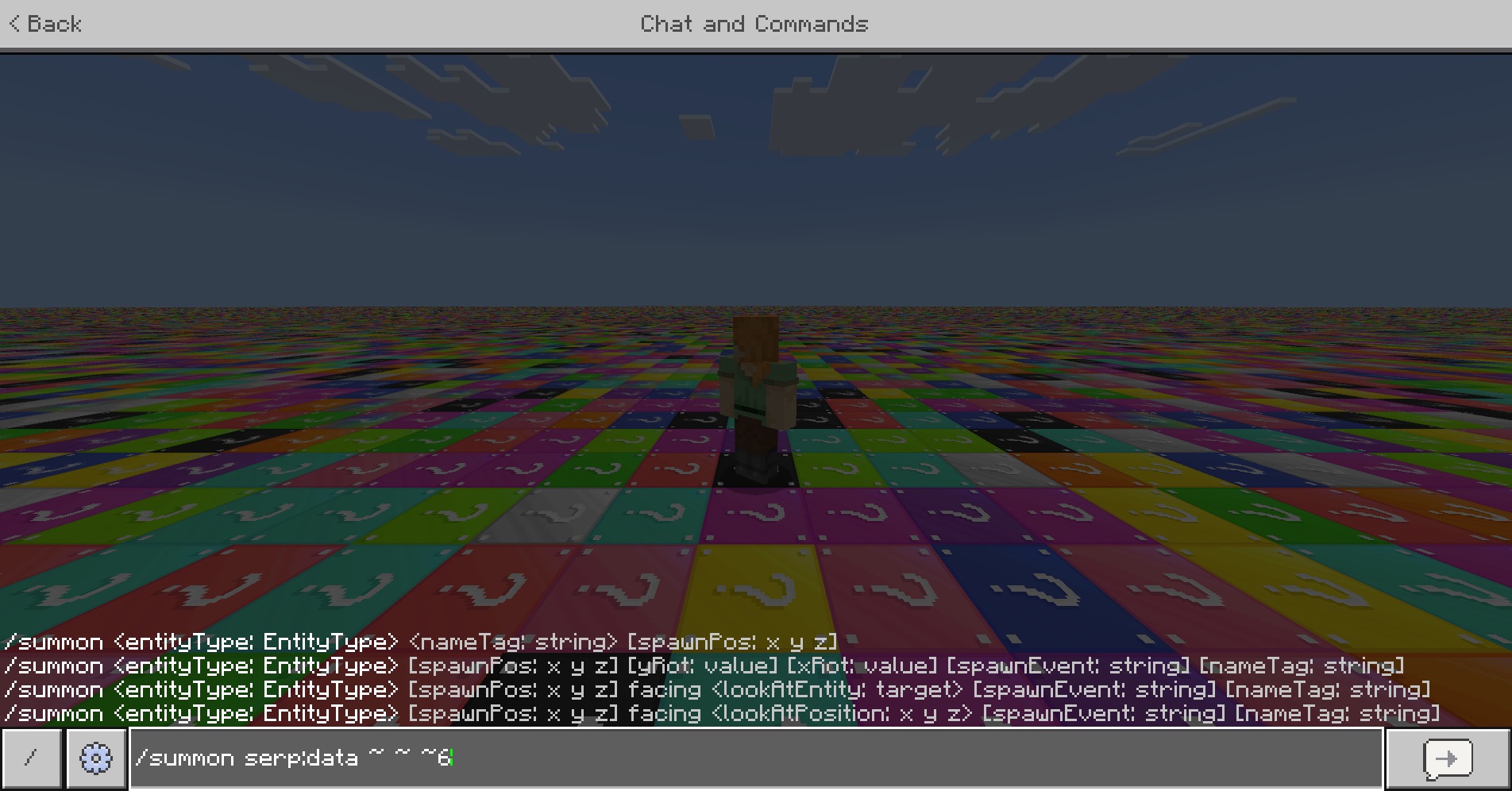 Random Meme Skin Pack Screenshot 2 Typing a command in the chat interface while standing on Lucky Blocks