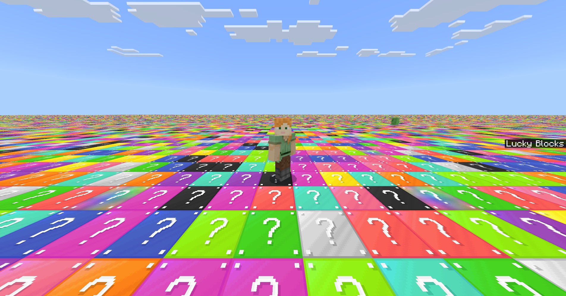 Random Meme Skin Pack Screenshot 3 A Minecraft character stands on a vast field of colorful lucky blocks