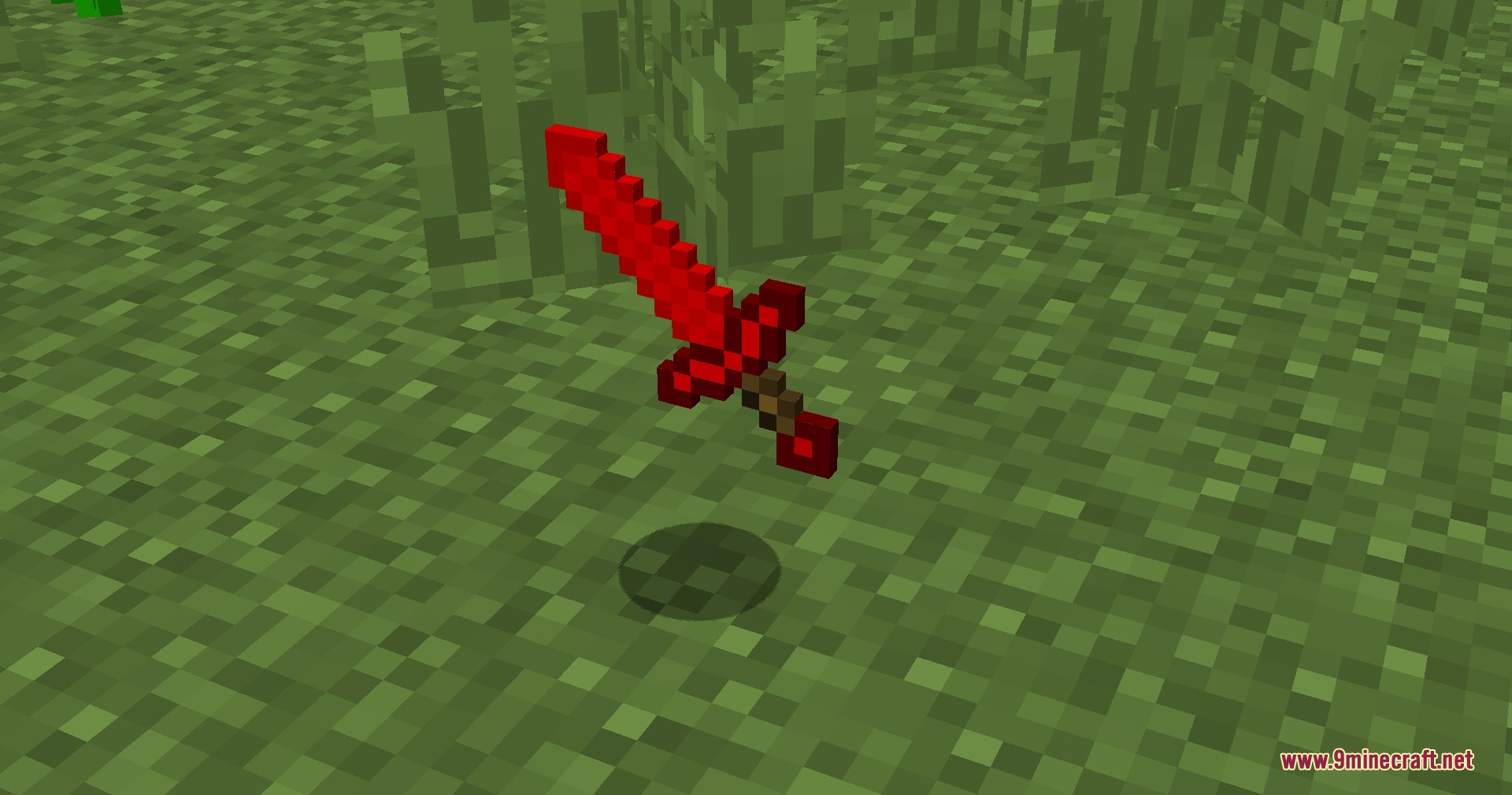 A powerful red sword floats in the air above a grassy field