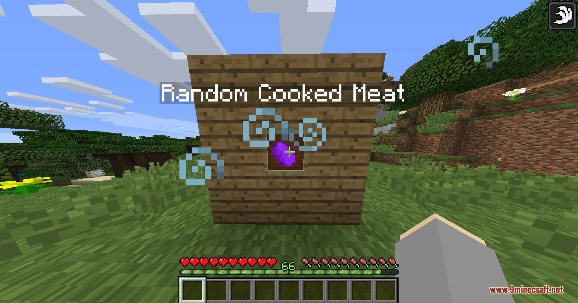 Purple cooked meat item in an item frame with blue potion particles