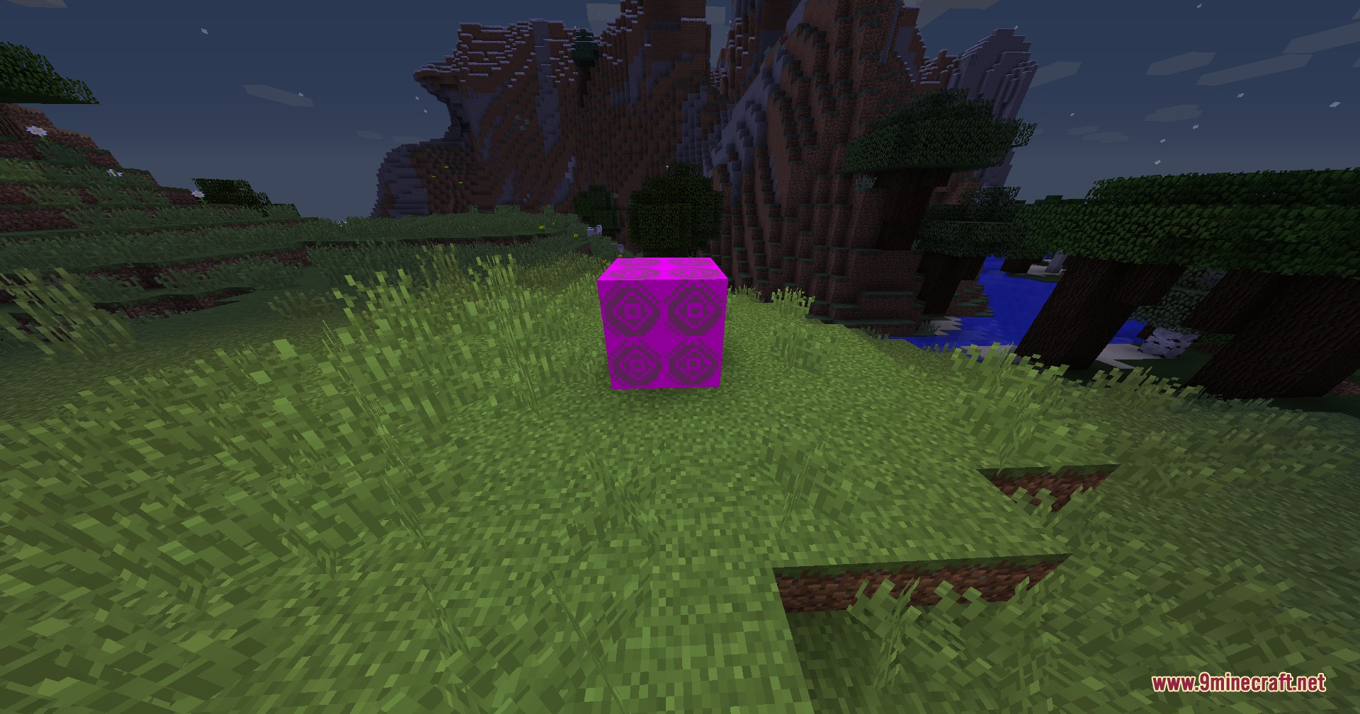 A bright pink glowing block from the Random Mod Mod on grass
