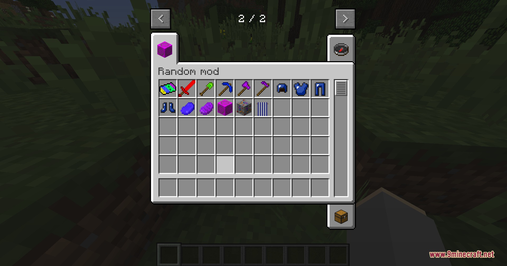 The creative inventory menu displays custom tools and armor from Random Mod