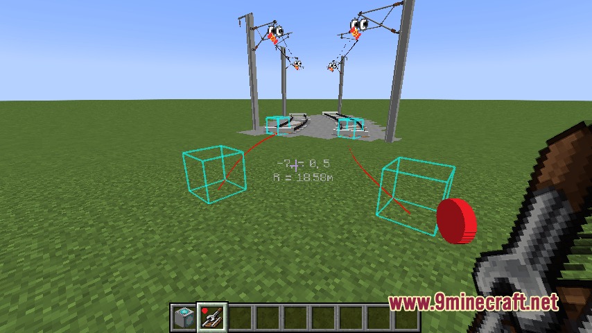 Rapid Rail Artisan Mod Screenshot 2 Player using a tool to visualize track placement with blue wireframe boxes