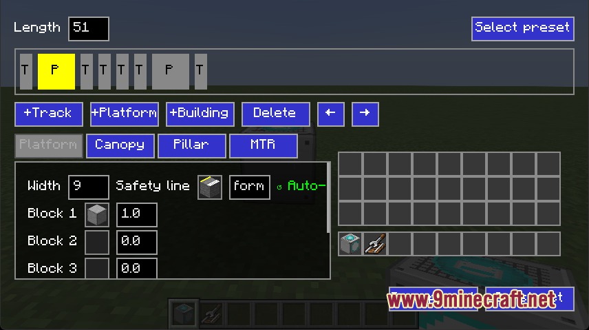 Rapid Rail Artisan Mod Screenshot 6 Station Builder interface for customizing platform and track layouts in Minecraft