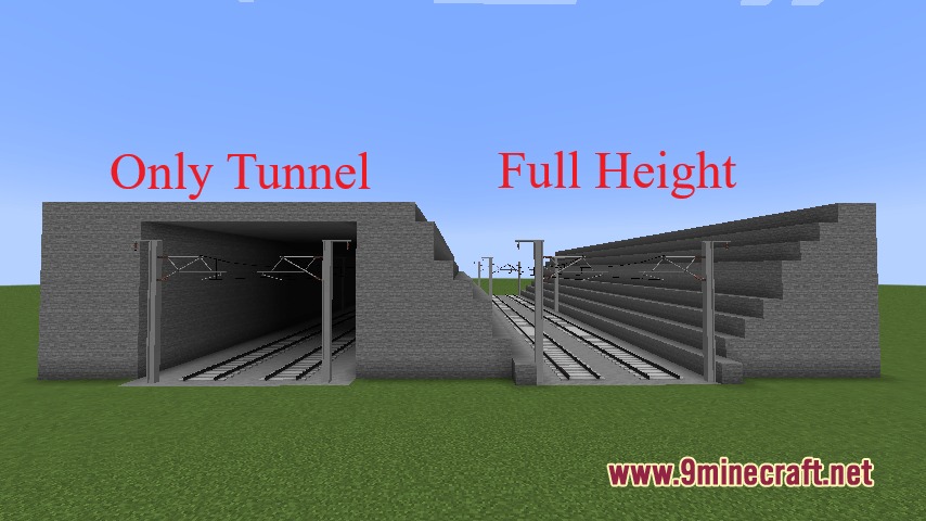 Rapid Rail Artisan Mod Screenshot 8 Comparison of tunnel and full height railway track configurations in Minecraft