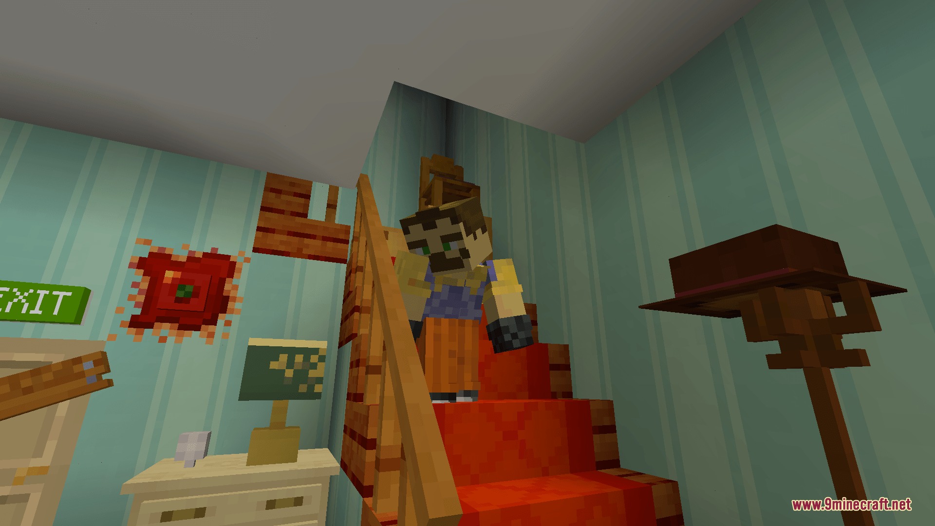 Ravenbrooks Cr Hello Neighbor Mod Screenshot 1 A character in the Hello Neighbor Mod stands on a red carpeted staircase