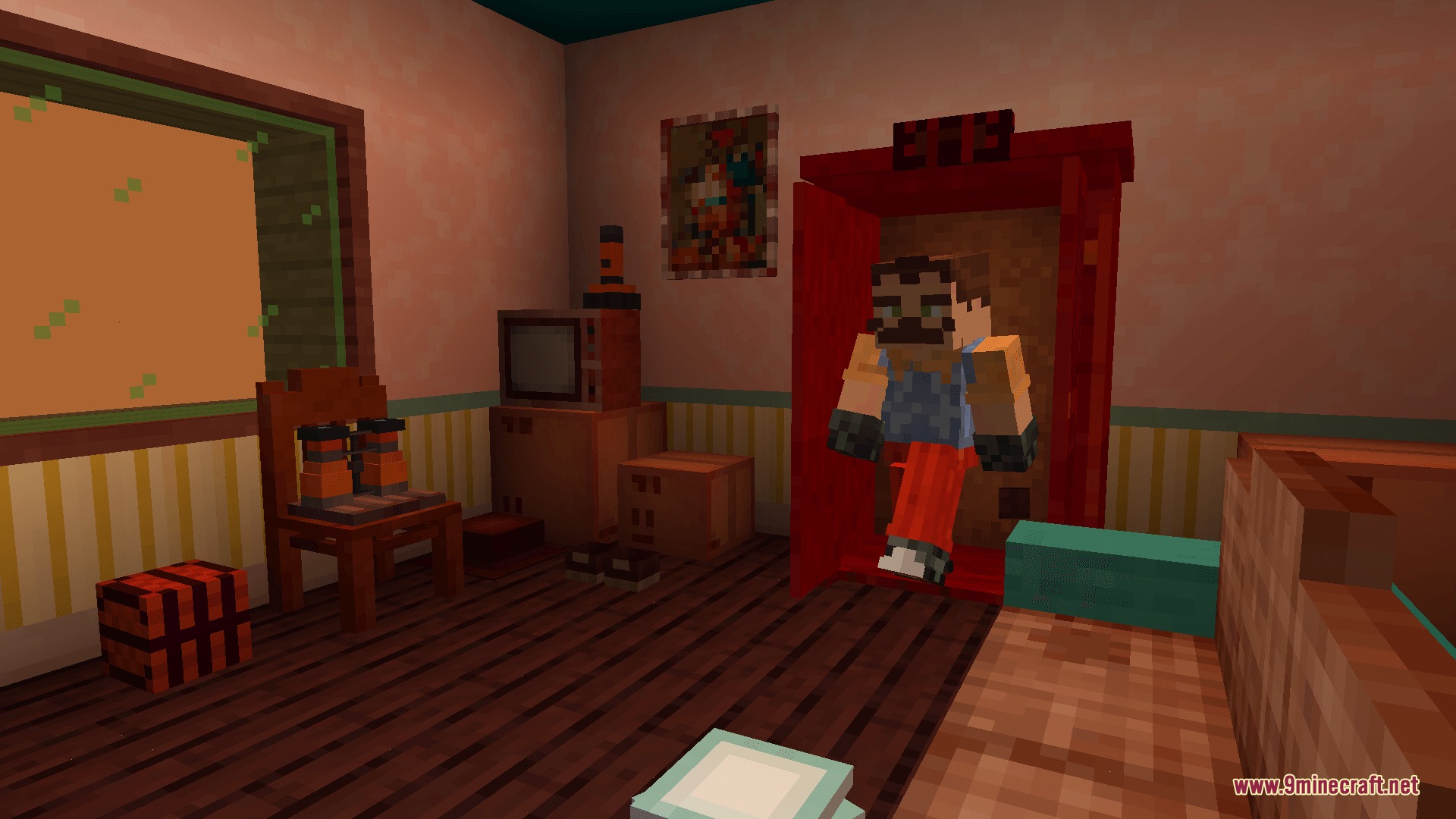 Ravenbrooks Cr Hello Neighbor Mod Screenshot 2 The Neighbor character steps out of a red cupboard in a messy room