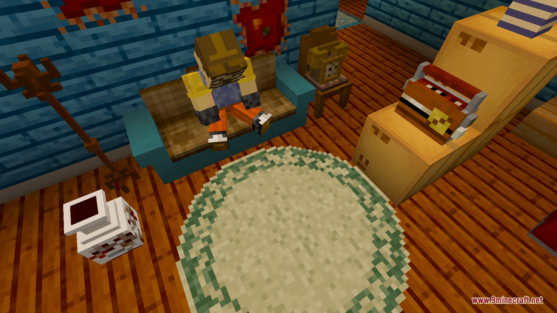Ravenbrooks Cr Hello Neighbor Mod Screenshot 4 Character sitting on a sofa near cardboard boxes and a round rug