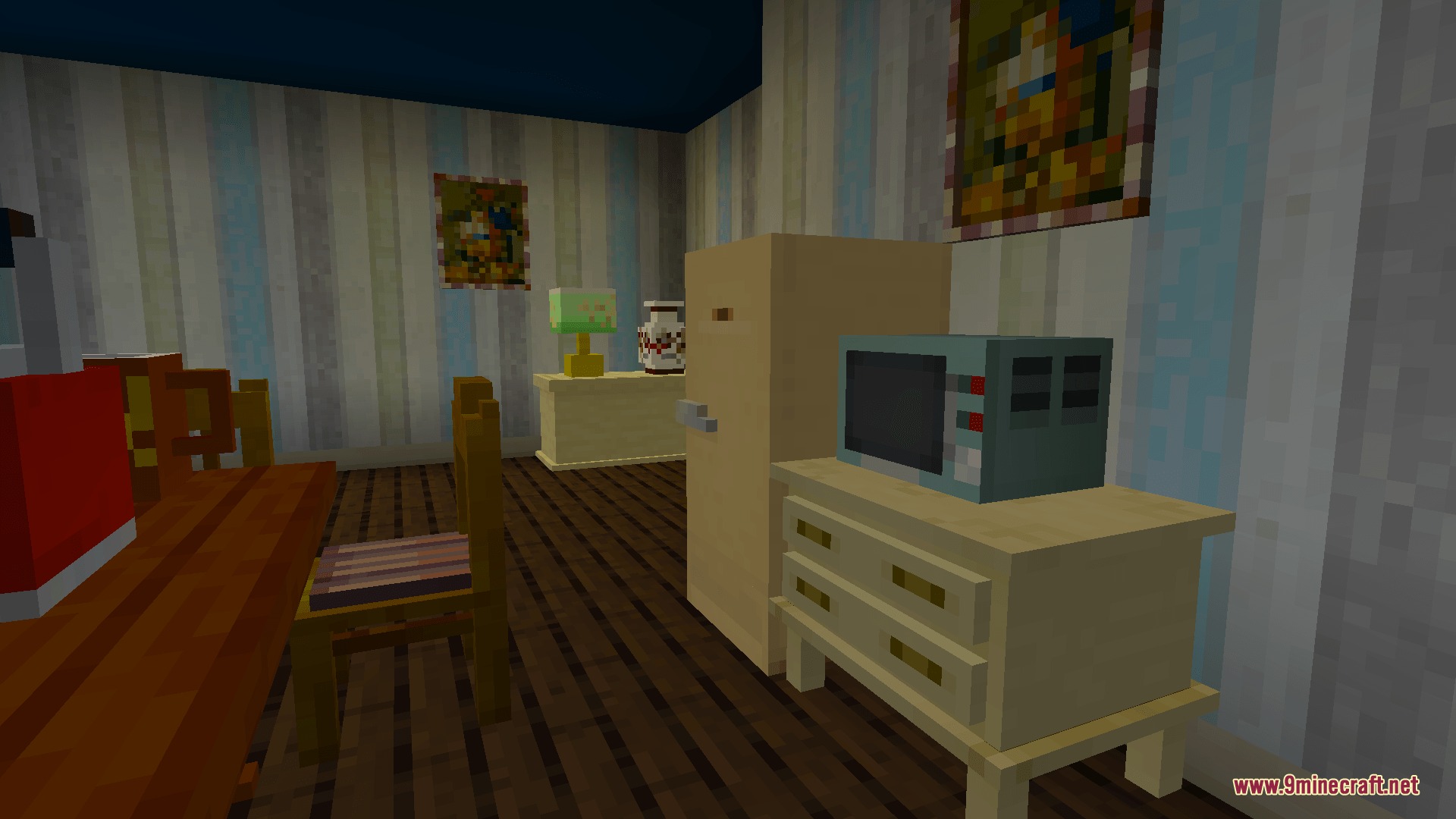 Ravenbrooks Cr Hello Neighbor Mod Screenshot 5 A Minecraft kitchen with a microwave on a dresser and a wooden chair