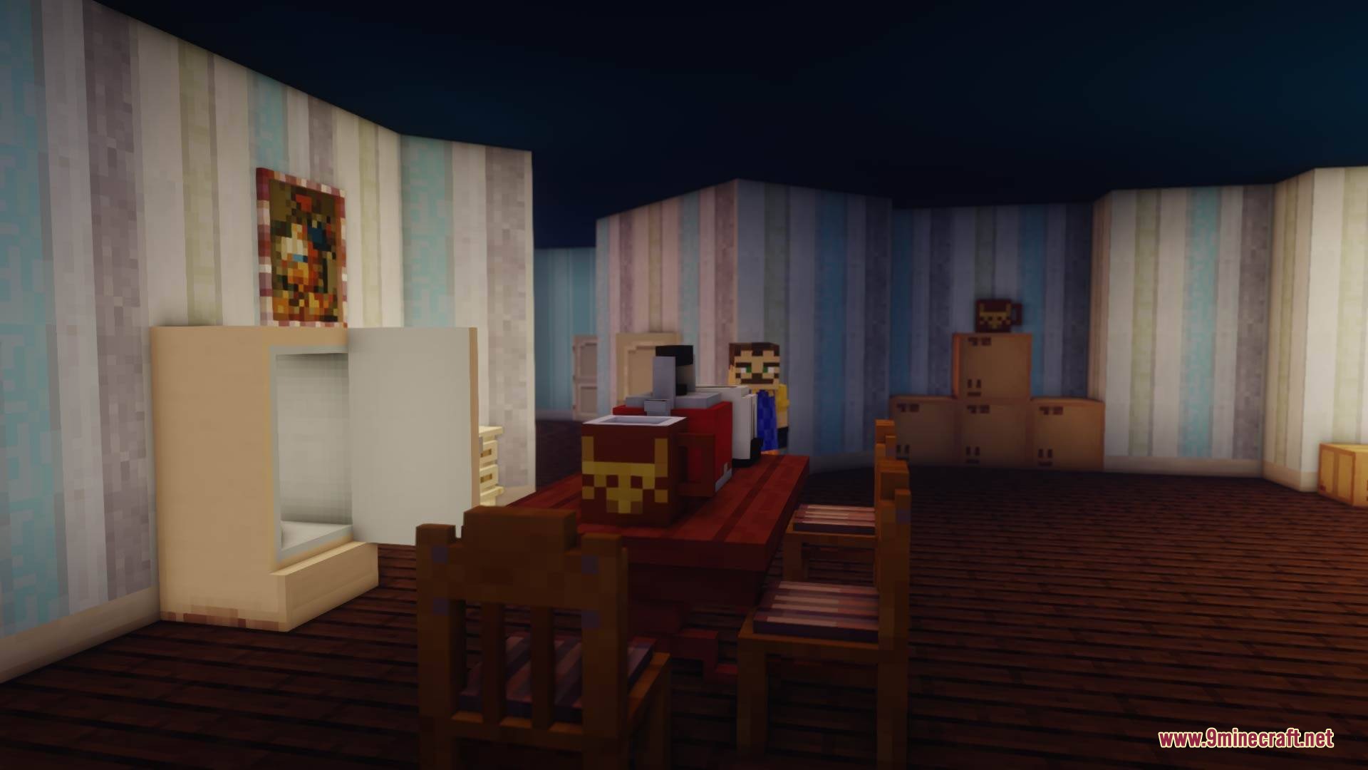 Ravenbrooks Cr Hello Neighbor Mod Screenshot 8 A Minecraft room with striped wallpaper and various furniture items and cardboard boxes