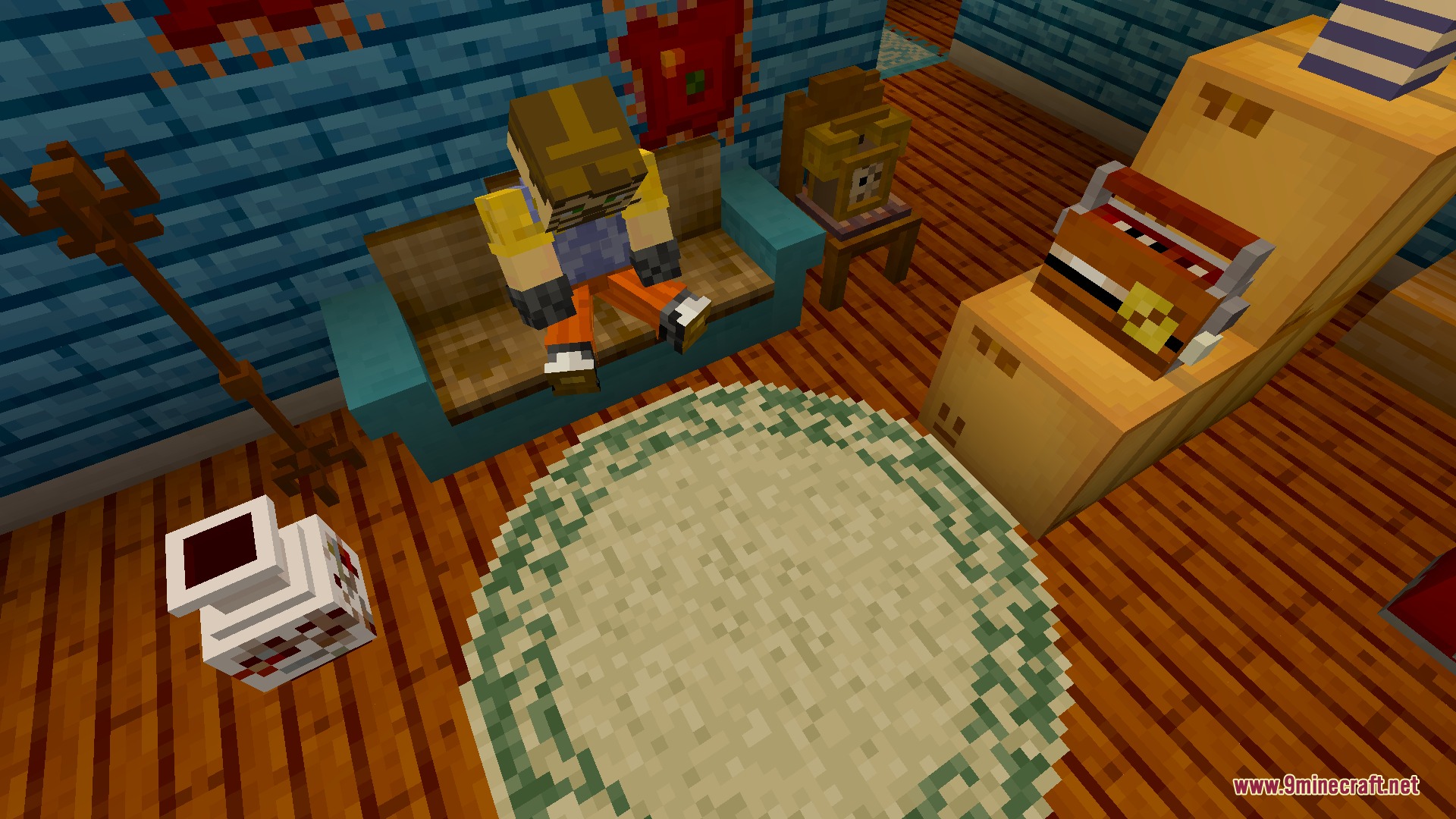 Ravenbrooks Cr Hello Neighbor by Richard_Burusa Mod Screenshot 2 A player sitting on a sofa near a typewriter and cardboard boxes