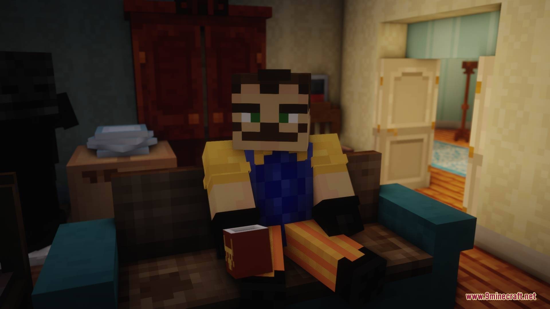 Ravenbrooks Cr Hello Neighbor by Richard_Burusa Mod Screenshot 3 A Minecraft character sits on a sofa while holding a small brown book