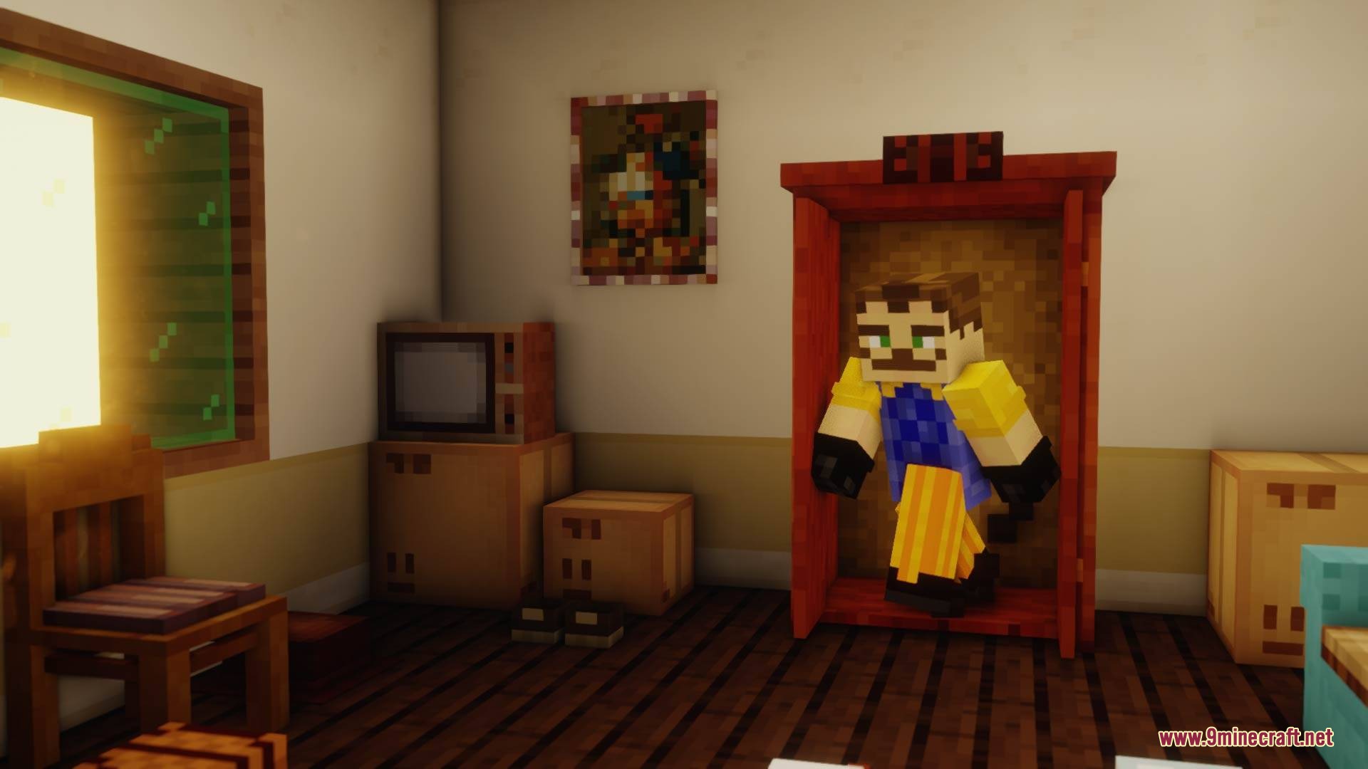 Ravenbrooks Cr Hello Neighbor by Richard_Burusa Mod Screenshot 8 A character hides inside a red cupboard in a room with a television