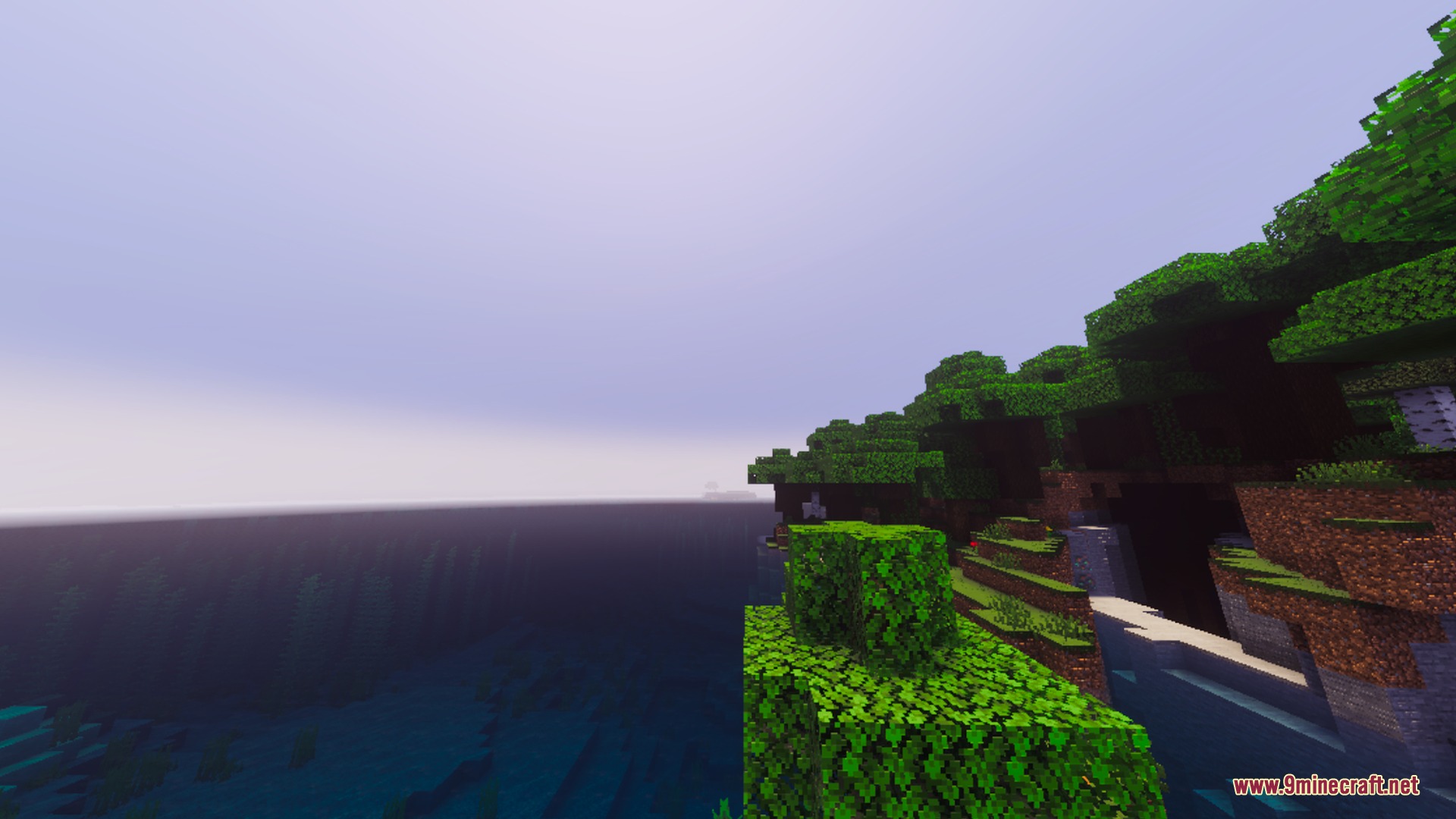 Green trees on a cliff edge overlooking a vast blue Minecraft ocean