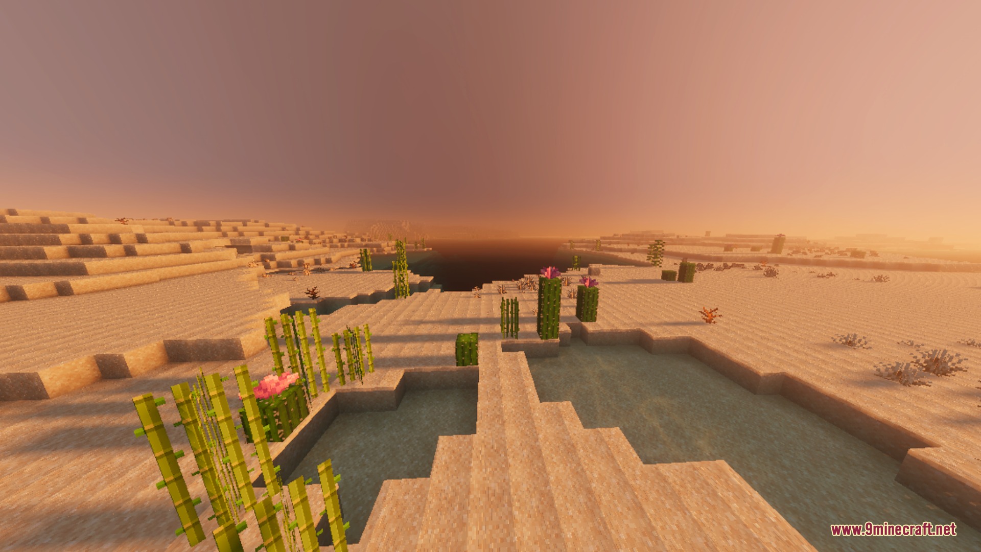Warm sunset lighting over a desert biome with sand dunes and water