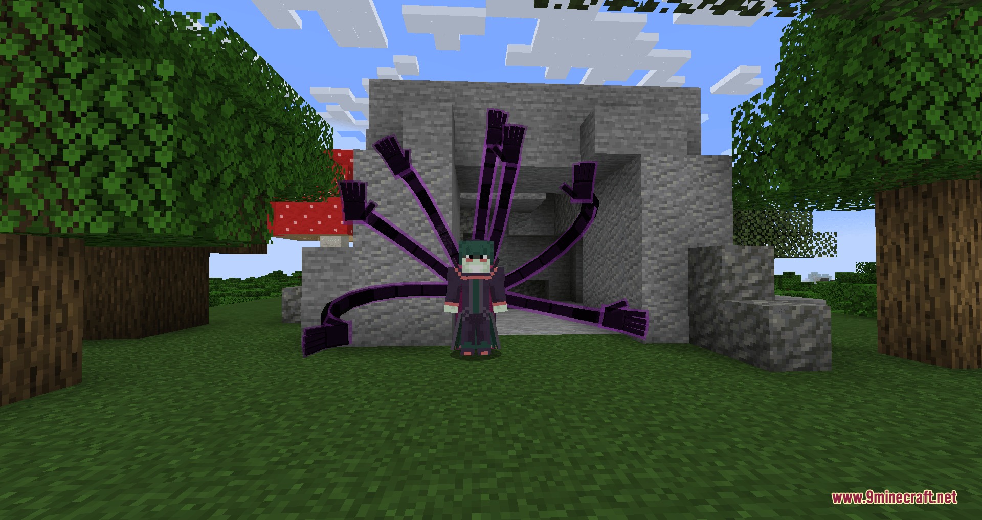 Re Zero Experience Mod Screenshot 1 A player character summons multiple purple invisible hands in front of a structure