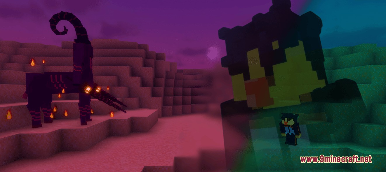 Re Zero Experience Mod Screenshot 2 A horned beast and a giant shadow figure stand in a dark purple dimension