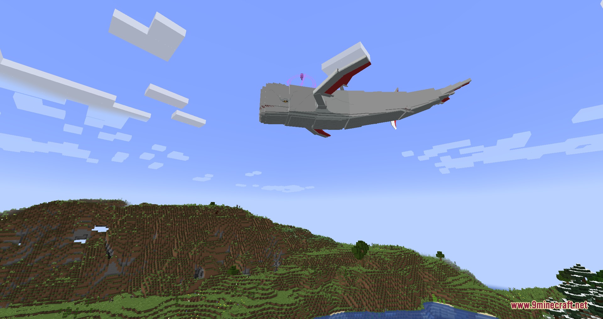 Re Zero Experience Mod Screenshot 3 The massive White Whale flying high above a green Minecraft landscape
