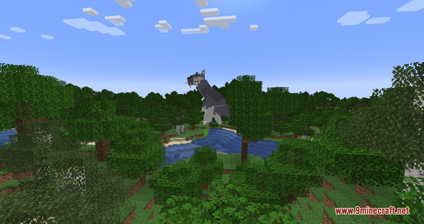 Re Zero Experience Mod Screenshot 5 A massive grey cat mob towers over trees in a Minecraft forest biome